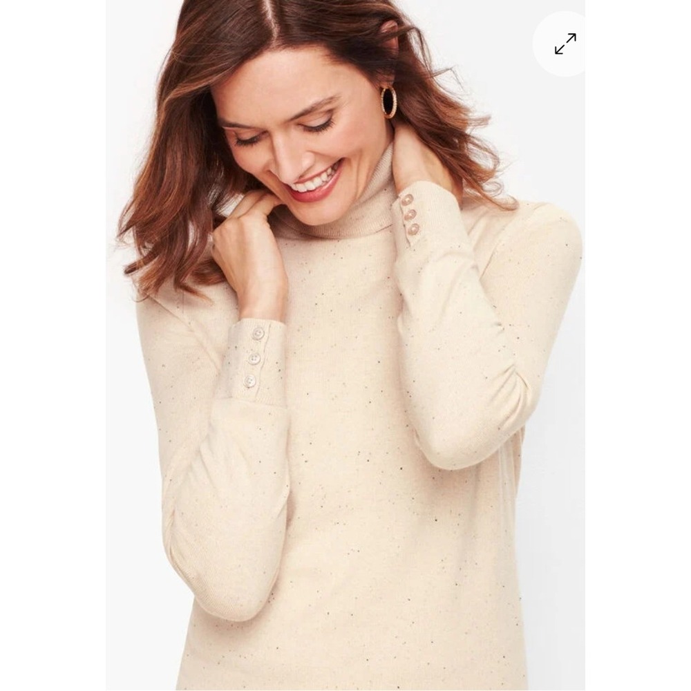Talbots Speckled Turtleneck Sweater L Beige Long‎ Sleeve Ribbed Button Cuff